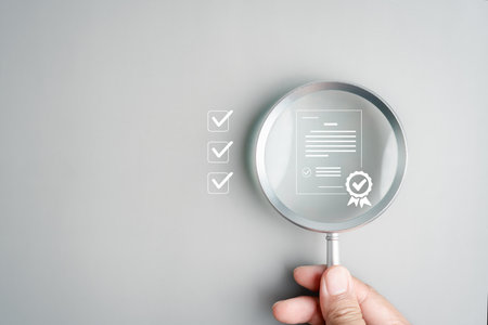 Business standard compliance with checklist, certification document, and approval mark. quality assurance, financial compliance, ISO standards, and corporate governance.の写真素材