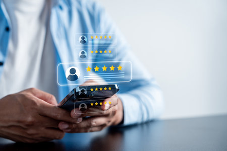 Customer review giving five star reviews using a smartphone, concept of online feedback, user rating, and reputation management in digital marketing and e-commerce.の写真素材