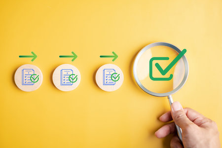 Document management and checklist verification with certification and magnifying glass, quality assurance, compliance, approval process, and data validation.の写真素材