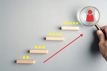 Growth to leader concept with wooden steps, rating stars to leader, career development, leadership,...