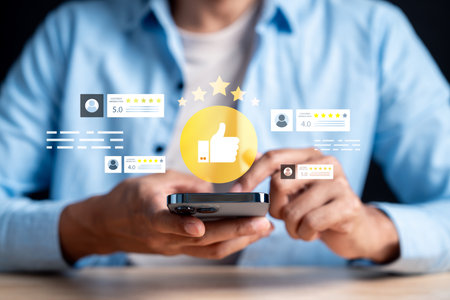 Customer rating and digital star review, product satisfaction, online review, business reputation, service feedback, and consumer approval.の写真素材