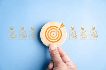 Document check and goal tasklist with target and checklist, strategic planning, business objectives, financial management, project success, compliance, and organizational achievement.の写真素材