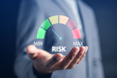 Risk management digital gauge showing risk level from minimum to maximum, business strategy, financial security, investment decision, and risk assessment.の写真素材