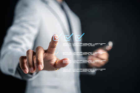 Task completion, checklist approval, workflow management, and project validation for business productivity and organization, efficiency, performance tracking, and successful achievement.の写真素材