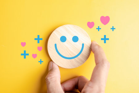Smile happy face positive mental health, customer satisfaction, happiness, wellness, and positive feedback.の写真素材