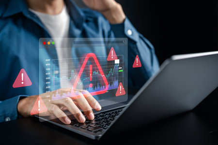 Risk assessment with financial data dashboard, warning alerts, and stock market analysis, investment...