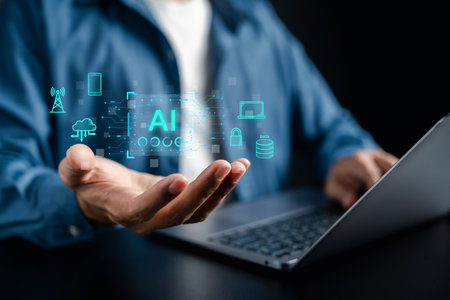 AI infrastructure technology with artificial intelligence surrounded by cloud computing, data, network, and cybersecurity symbols.の写真素材