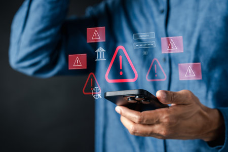 Mobile cybersecurity alert with red warning, login credentials, and digital risk notifications. data...