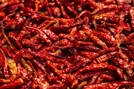 close up dried red chili peppersの写真素材