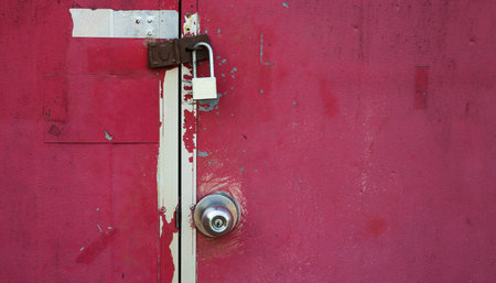 Old red door locked with a padlock on a red door.の写真素材