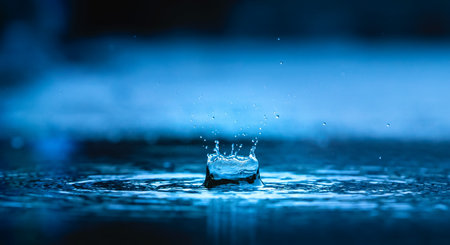 Water drop splashing on a wet surface. Blue background with water drops