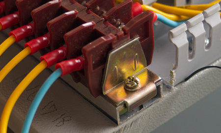 Electrical panel with contactors and wires close-up. Selective focus.の写真素材