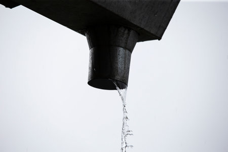 Water flowing from the roof of the house. Shallow depth of field.の写真素材