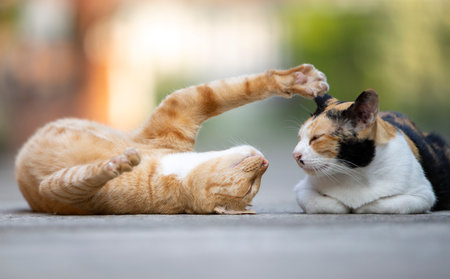 Cute cat playing with her kitten in the garden, selective focusの写真素材