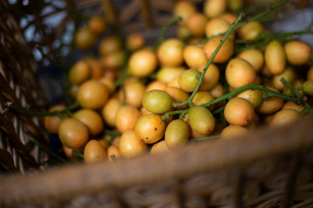 Close up of fresh Baccaurea Ramiflora Lour fruits in a wicker basket on a market stallの写真素材