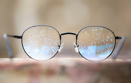 Glasses with rain drops on a wooden background. Selective focus.の写真素材