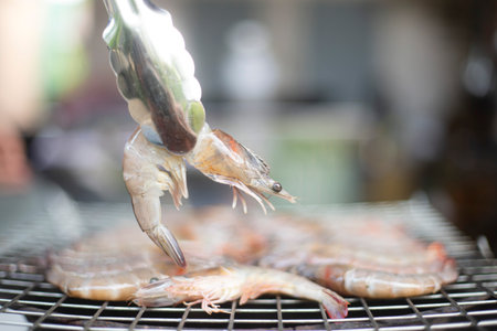 Grilled tiger prawns on the grill. Selective focus.の写真素材