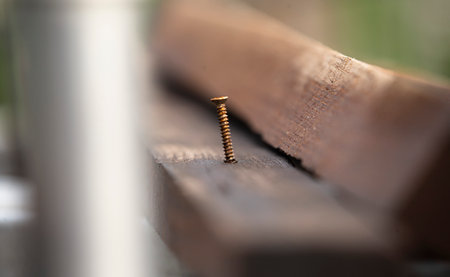 A close up shot of a screw in a piece of wood.の写真素材