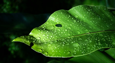Water droplets on a leaf of a tropical plant in the rain