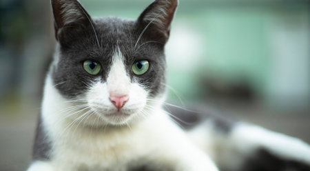 Portrait of a gray and white cat with big green eyes.の写真素材