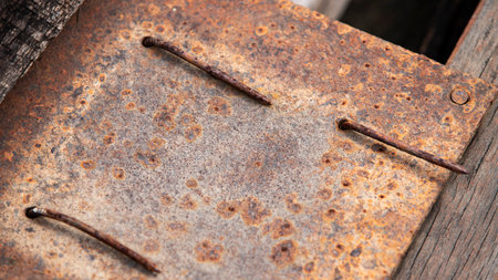 rusty metal plate close up on wooden background with copy space.