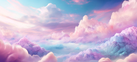 Fantasy cloudscape. Panoramic aerial view above clouds at sunset. illustrationの素材