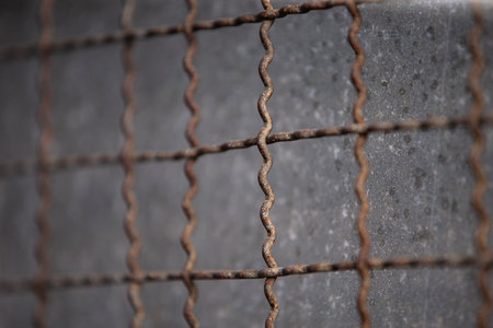 Close-up of a rusty metal mesh on a construction site.