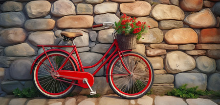 red bicycle in front of a houseの素材