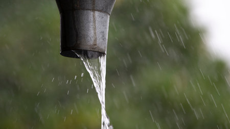 Water pouring from a watering can on a background of greenery.の写真素材
