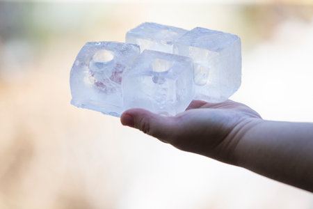 Ice cubes in hand on nature background.の写真素材