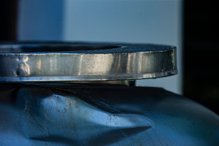 Close up of a blue stainless steel barrel. Selective focus.の写真素材