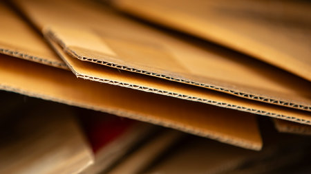 Pile of brown cardboard boxes ready to be used as a backgroundの写真素材