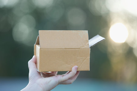 Brown cardboard box in hand with bokeh background, Delivery and logistics concept