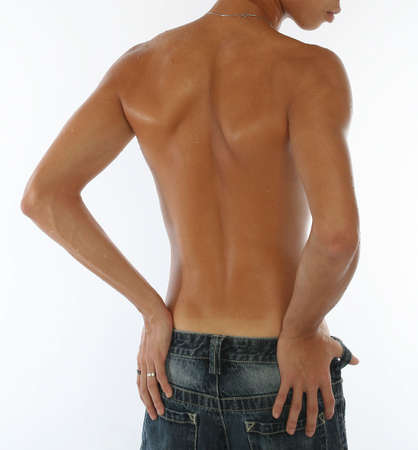 Back of tanned young man with white background