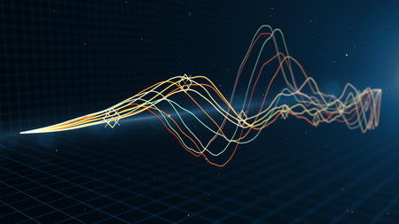 3d Curve Graph wave chart statistic diagrams with particles and flare on blue grid background