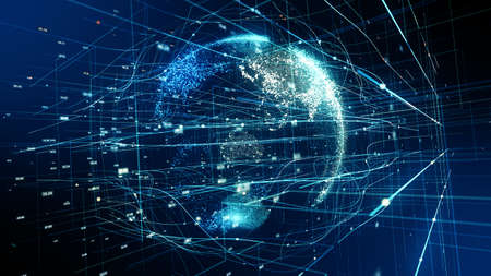 Abstract Digital data global hologram technology Cyberspace Background. Futuristic Technology Earth...