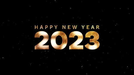 Happy New Year 2023 golden particles bokeh black background new year resolution concept.