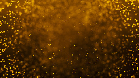 gold particles shining dust bokeh glitter awards abstract black background.の写真素材