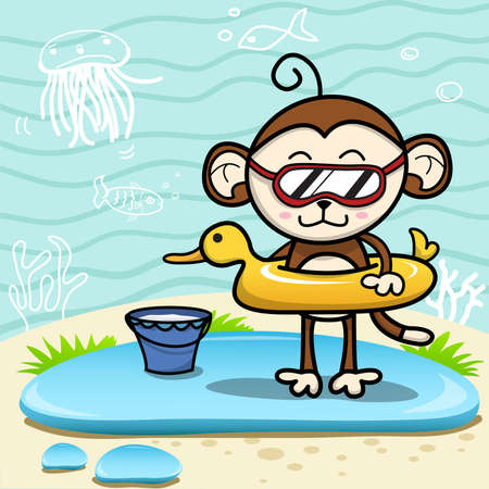 Monkey at the beach with toysのイラスト素材