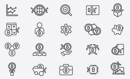Bitcoin and Cryptocurrency icon set. Collection of linear simple web icons such as Electronic key and wallet, Mining and Production, Investment in Cryptocurrency, Exchange of Cryptocurrency and other.のイラスト素材