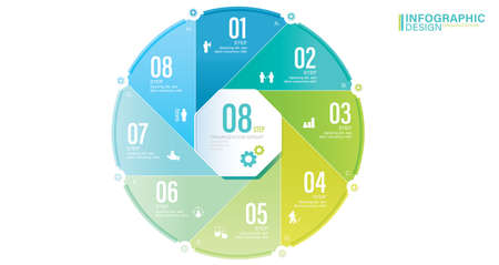 Vector infographic circle. Cycle diagram with 8 options. Presentation stock illustration Number 8, Infographic, Circle, Icons, Pie Chartのイラスト素材