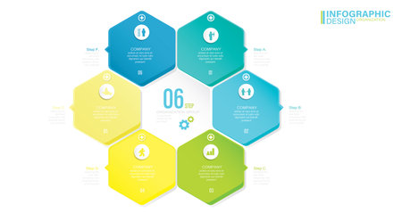 Business data visualization. Infographic Elements stock illustration Infographic, Number 6, Part Of, Steps , Icons, Hexagonのイラスト素材