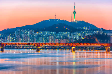 View of downtown and seoul tower in South koreaの写真素材
