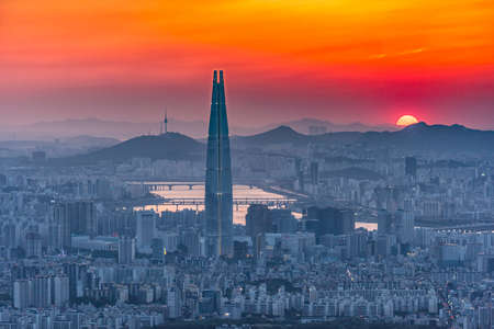 Seoul city skyline and sunset