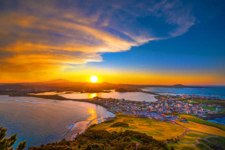 Jeju city skyline and twilight,South Koreaの写真素材