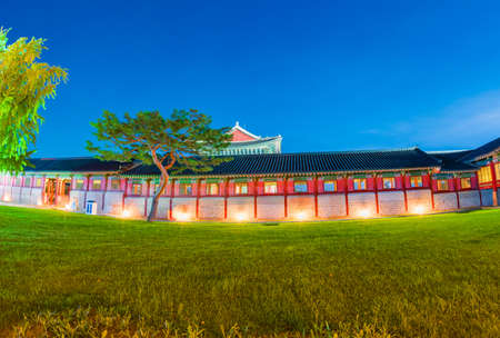 Gyeongbokgung Palace area. Korean traditional wall at night Seoul, South Koreaのeditorial素材