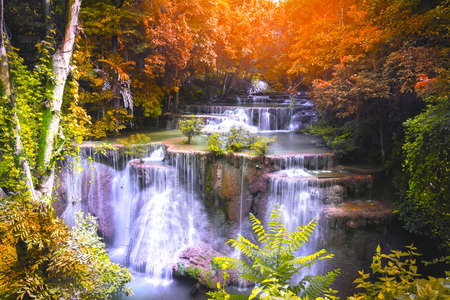 Huai Mae Khamin Waterfall (Fourth floor), tropical rainforest at Srinakarin Dam, Kanchanaburi, Thailandの写真素材