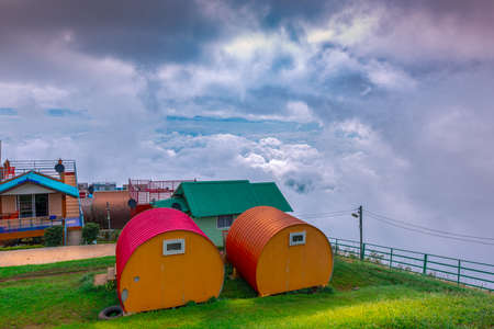 Camp on beautiful and famous travel location beautiful sea fog at Phu Tub Berk Viewpointの写真素材