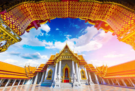 View through the gate to Wat Benchamabophit in Bangkok City, Thailandの写真素材