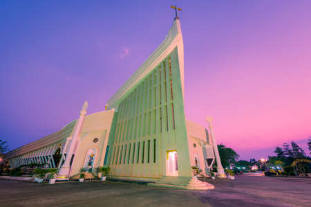 Saint Michael Cathedral Tharae at night in Sakon Nakhonの写真素材